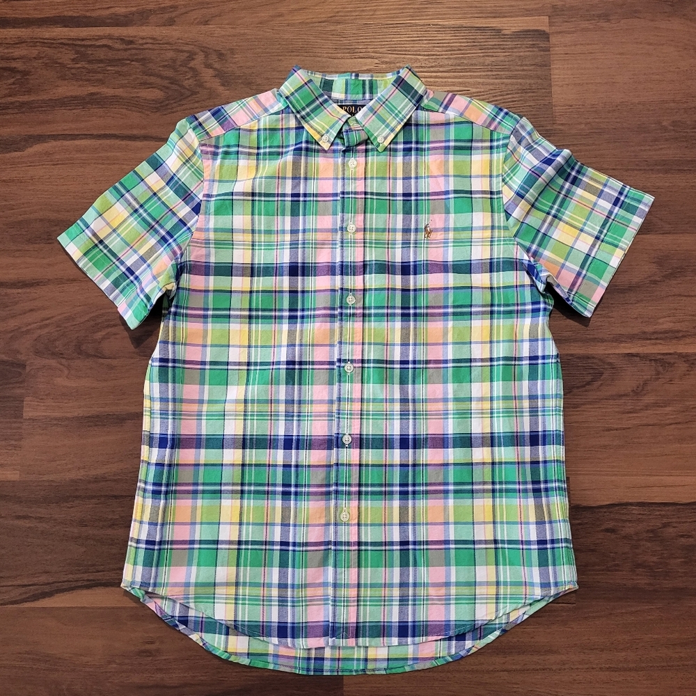NWT Polo Ralph Lauren Big Boys Plaid Cotton Oxford Short Sleeve Shirt XL